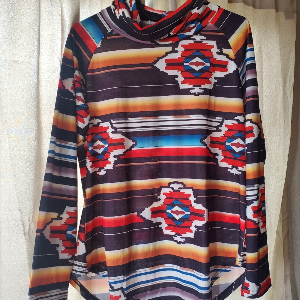 Cowl neck long sleeve Aztec print shirt